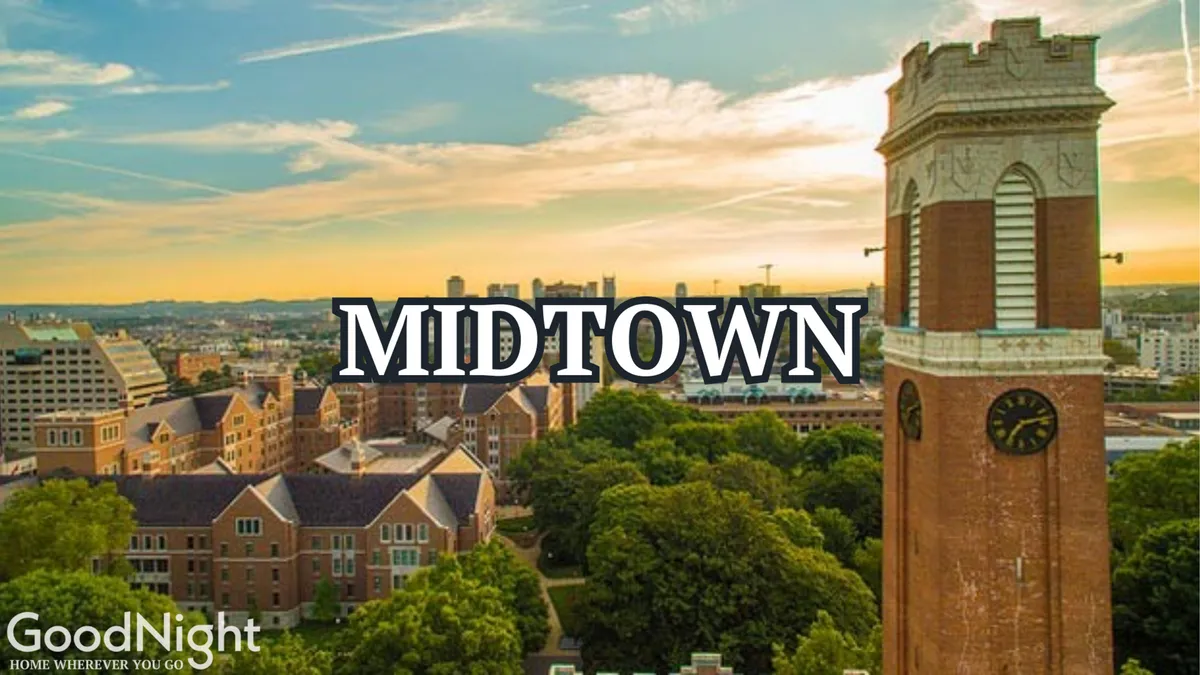 A view featuring a clock tower, midtown buildings, and green spaces, capturing the vibrant atmosphere of Midtown Nashville. The scene hints at urban exploration, local festivals, and the dynamic environment just steps from the property.