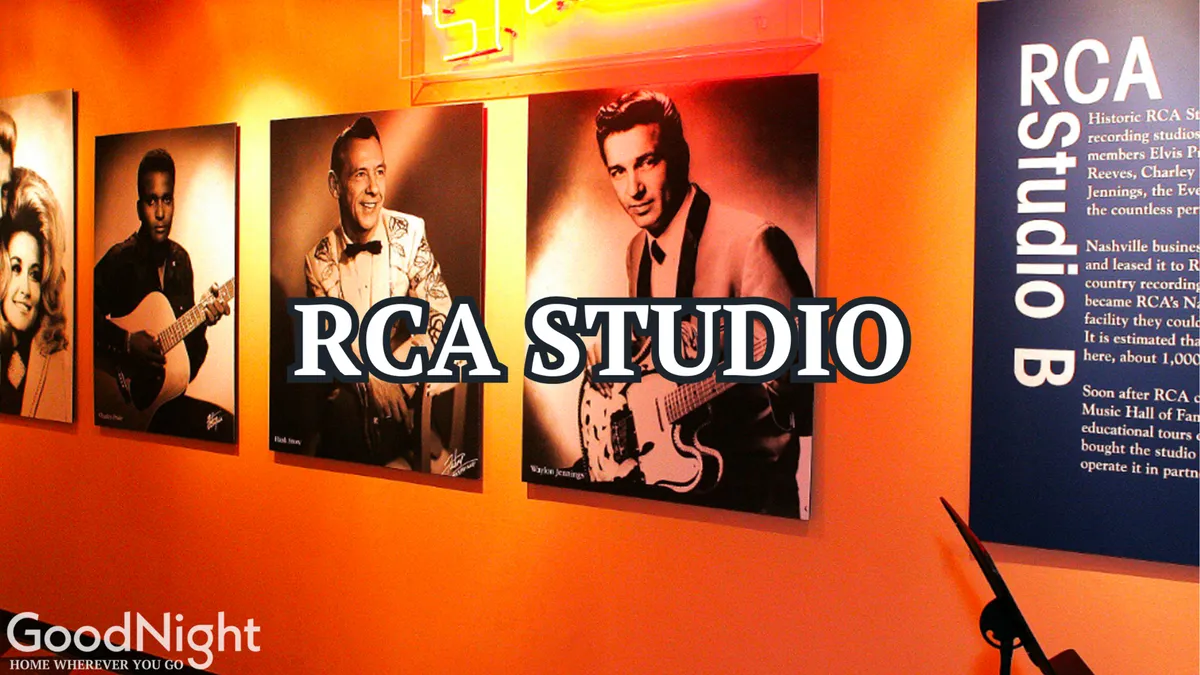 This image features photographs of famous musicians, the iconic RCA Studio sign, and a vibrantly colored wall. It creates a sense of history and celebration in music, inviting viewers to experience Nashville’s legendary studio and music culture firsthand.