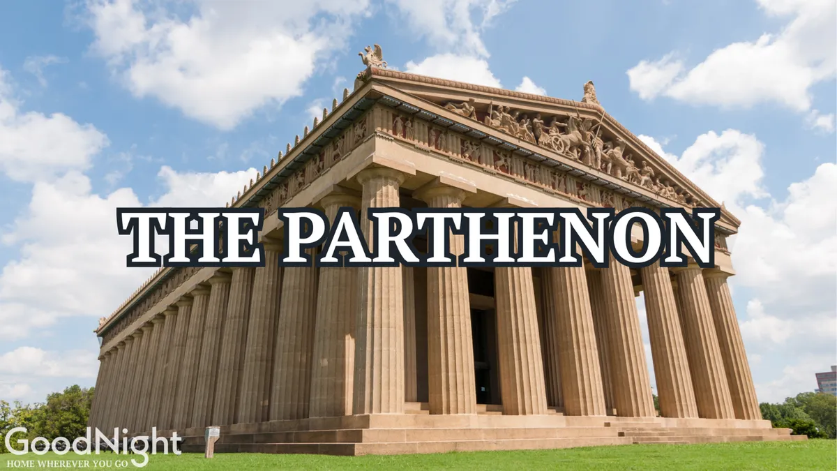 This image captures The Parthenon in Centennial Park, a striking replica of the ancient Greek structure, surrounded by lush greenery. The scene is bright and inviting, with families and visitors often seen walking or relaxing on the lawns nearby.